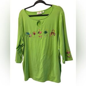 Quacker Factory Flamingo Beach Vacay Green Embroidered 3/4 Sleeve Top Size 2X